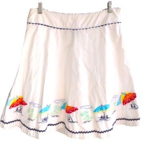 LIZ CLAIBORNE WHITE A-LINE SKIRT W BEACH UMBRELLAS & SUNBATHERS • VINTAGE •Sz 14